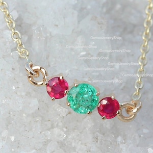 Natural AAA Quality Emerald and Ruby Gemstone Bracelet, 14k Solid Gold Handmade Minimalist Birthstone Bracelet, Solid Gold Chain Bracelets