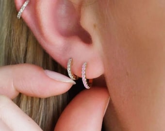 0.30 Ct Genuine Pink Sapphire Dainty Hoops Earring, Solid 14k Gold Mini Earring, Minimalist Gold Pink Sapphire Helix Hoops Earring Self Gift