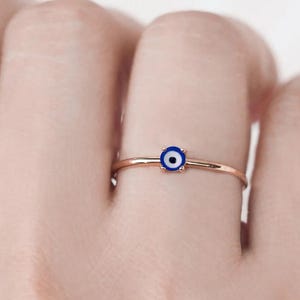 Solid Gold Evil Eye Ring, 14k Evil Eye Stackable Ring, Good Luck Ring, Handmade Minimalist Dainty Protection Evil Eye Every Day Tiny Ring