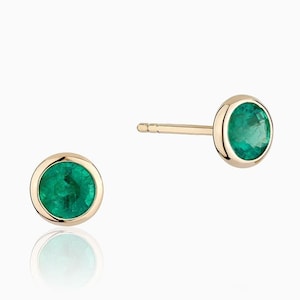 Emerald Studs Earrings in 14k Solid Yellow Gold 4mm Round Natural Emerald Earrings Bezel Set Tiny Emerald Studs Earring Wedding Gift For Her
