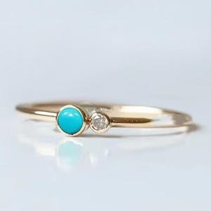 Natural Diamond & Turquoise Ring 14k Solid Gold Two Birthstone Ring, Dainty Turquoise Gemstone Ring, Handmade Minimalist Jewelry Gifts Ring