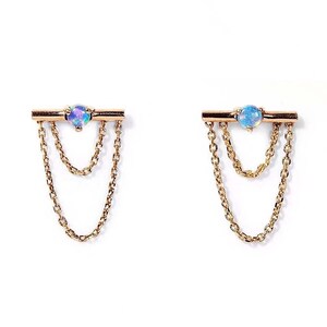 14k Solid Yellow Gold Genuine Opal Gemstone Drop Gold Chain Earring Statement with Beautiful Movement Gift For Her Birthstone Earring