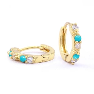 Genuine Diamond and Natural Arizona Turquoise Hoops Earring, 14k Solid Gold Small 10mm Hoops Huggies Earring, Handmade Minimalist Jewelry