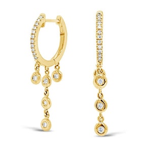 Solid 14K Yellow Gold Natural SI Clarity G-H Color Bezel Set Diamond Dangle Drop Huggie Hoop Earrings Handmade Minimalist Solid Gold Jewelry