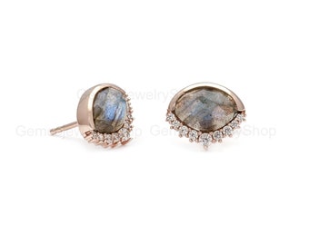 14k Solid Rose Gold Labradorite Studs Earrings Tiny Oval Labradorite Earrings Minimalist Labradorite Jewelry Special Christmas Gift For Her