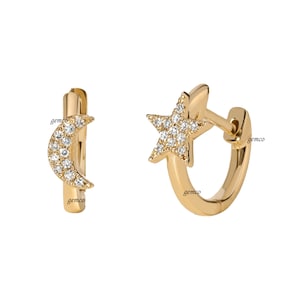 Pendiente de aro con forma de luna y estrella de diamante auténtico, joyería minimalista de oro amarillo macizo de 18 quilates, pendiente de aro con forma de luna y estrella de diamante, idea de regalo