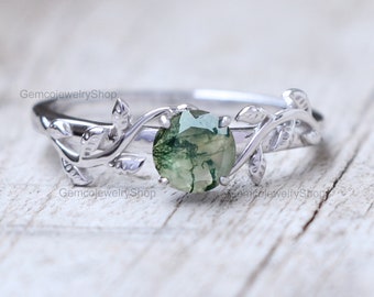 14k White Gold Natural Moss Agate Engagement Ring For Women, Wedding Ring, Nature Inspired Leaf Ring, Healing Gemstone Ring Gift For Her