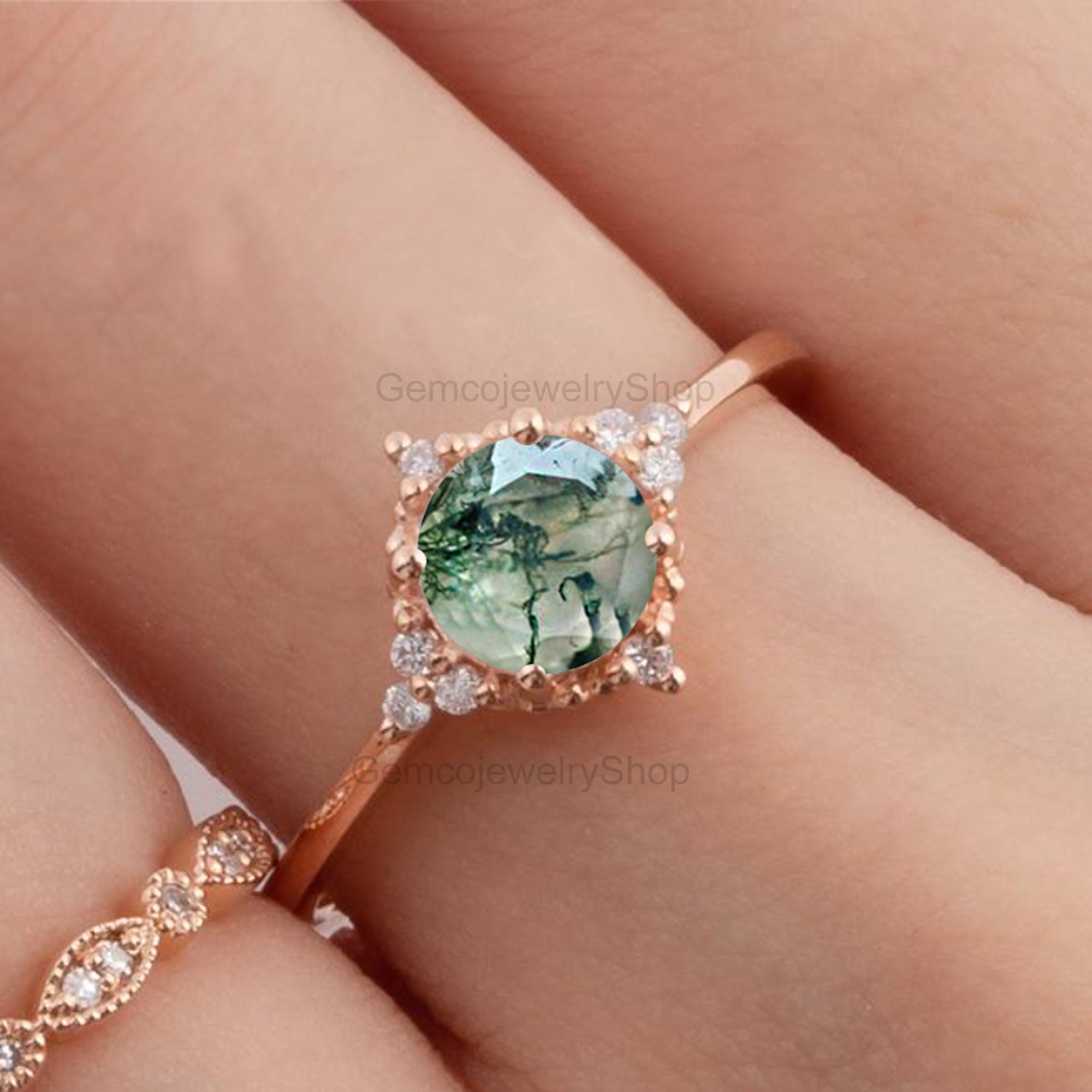 14K Solid Yellow Gold Moss Agate Engagement Ring Natural | Etsy