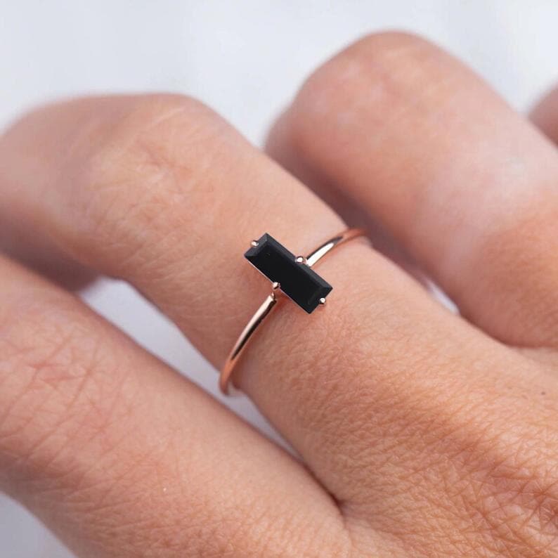 Genuine Solitaire Baguette Black Onyx Ring, 14k Solid Gold Engagement Ring,Handmade Minimalist Large Baguette Onyx Jewelry Gift For Her Ring