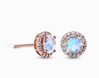 14k Rose Gold Rainbow Moonstone Studs Earrings With Natural Diamond June Birthstone Earrings Tiny Studs Everyday Earrings Christmas Gift
