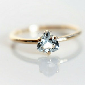 Dainty Trillion Aquamarine Engagement Ring 14K Yellow Gold Xmas Jewelry Solitaire Aquamarine Trillion Shape Petite Stackable Wedding Ring