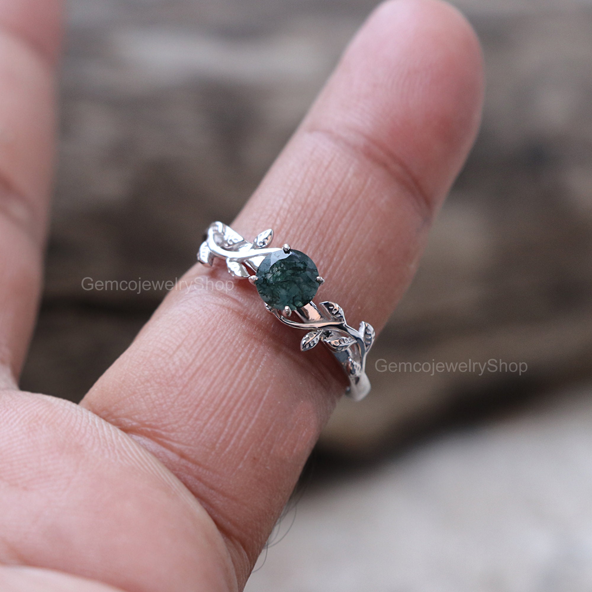14k White Gold Natural Moss Agate Engagement Ring For Women | Etsy