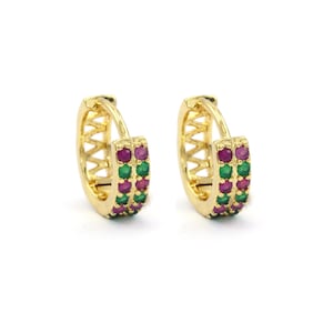 14k Solid Yellow Gold Natural Ruby and Emerald Hoop Earrings Ruby Huggie Earrings Minimalist Jewelry Gift Earrings Christmas Gift for Her