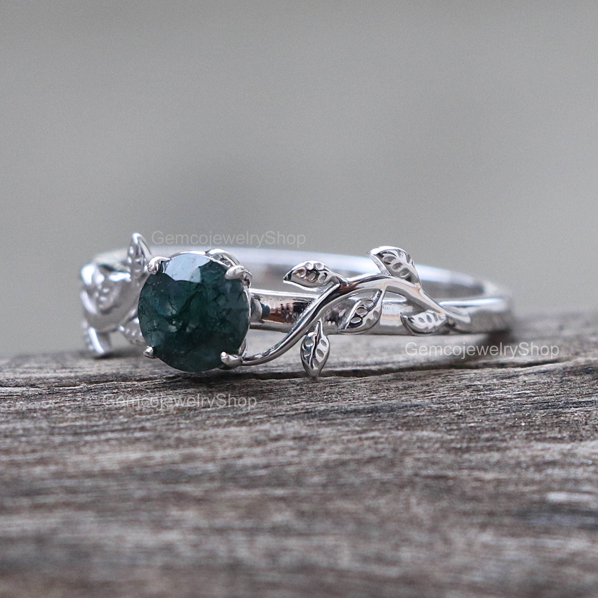 14k White Gold Natural Moss Agate Engagement Ring For Women Etsy