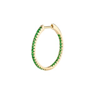 Brincos Huggies de ouro amarelo maciço 14k com esmeralda de 18 mm, brincos de argola de esmeralda genuínos Mines, brinco minimalista de esmeralda, presente de Natal para ela