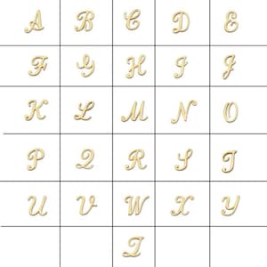 May include: A grid of gold-coloured cursive letters from A to Z. Each letter is in a different square, with a white background. The letters are in a decorative, elegant font style.