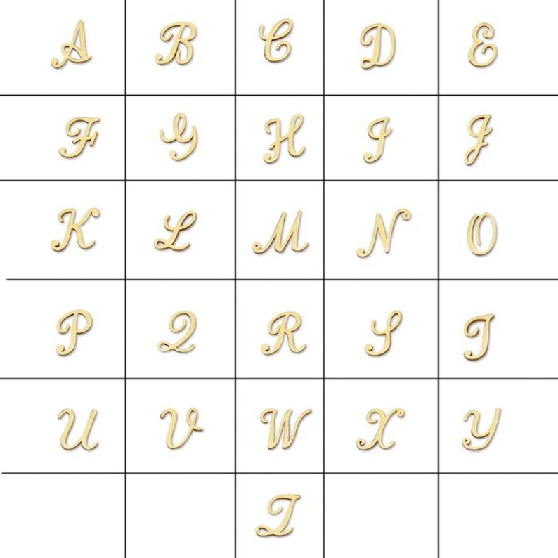 May include: A grid of gold-coloured cursive letters from A to Z. Each letter is in a different square, with a white background. The letters are in a decorative, elegant font style.