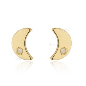 14K Solid Yellow Gold Crescent Moon Studs Earrings Minimalist Studs Earrings Diamond Studs Earrings Tiny Studs Gift for Her Christmas Gift