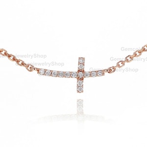 Diamond Cross Necklace / Sideways Diamond Cross Necklace / 14k Gold Diamond Cross / Religious Diamond Necklace, Handmade Grad Gift For Her