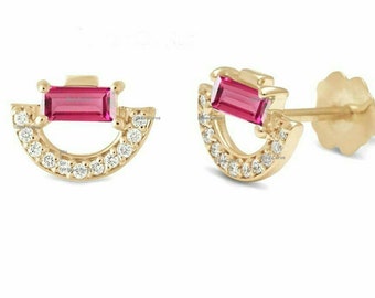 14k Solid Yellow Gold Baguette Ruby & GH SI Natural Diamond Tiny Stud Earrings Diamond Curve Cluster Studs Earrings Jewelry Christmas Gift
