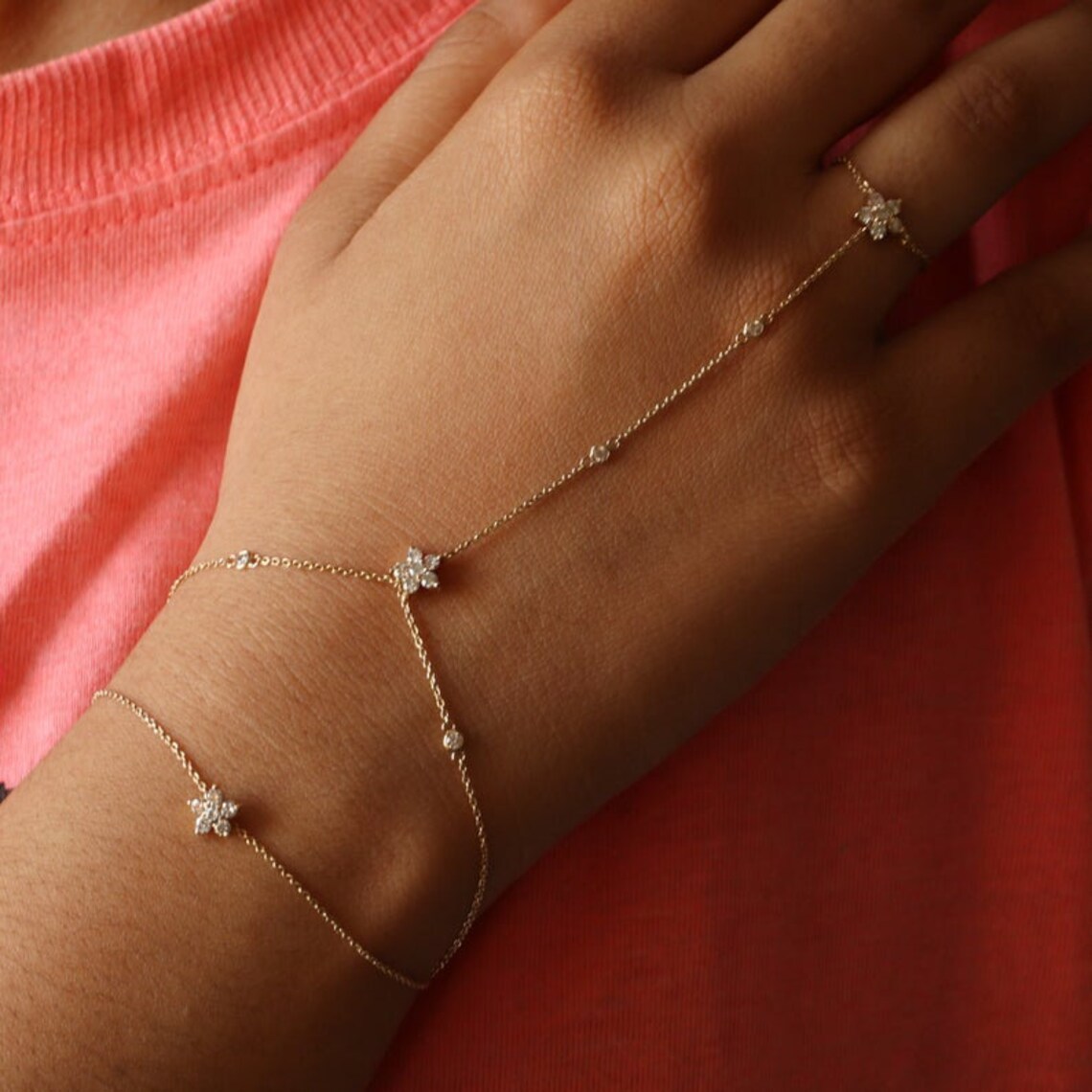 Genuine Diamond Floral Slave Bracelet in 14k Yellow Gold Link Etsy