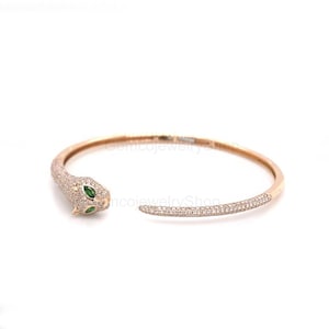 14K Solid Rose Gold Pave GH-SI Diamond Panther Bangle Natural AAA Emerald  Women's Bangle Cuff Bracelet Birthday Gift For Her Daily Wear