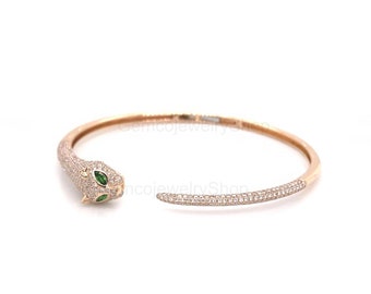 14K Solid Rose Gold Pave GH-SI Diamond Panther Bangle Natural AAA Emerald  Women's Bangle Cuff Bracelet Birthday Gift For Her Daily Wear