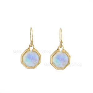 Brincos de argola com pingente de pedra da lua natural em ouro amarelo 14K, joias minimalistas, formato redondo, presente para ela