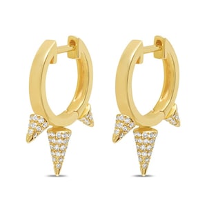 14k Solid Yellow Gold Diamond Three Spike Huggies/Earrings Small Gold Huggies Anniversary Or Valentine's Day Special Gift For Her Daily Wear