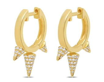 14k Solid Yellow Gold Diamond Three Spike Huggies/Earrings Small Gold Huggies Anniversary Or Valentine's Day Special Gift For Her Daily Wear