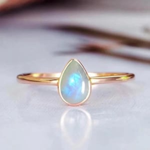 14k Solid Gold Teardrop Rainbow Moonstone Ring, Natural Rose Cut Moonstone Gemstone, Dainty and Minimal, Gifts for Her/Anniversary Gifts