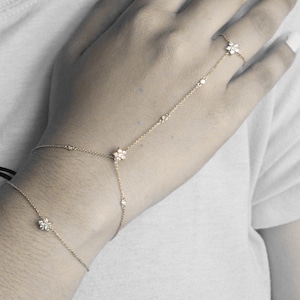 Genuine Diamond Floral Slave Bracelet in 14k Yellow Gold, Link Chain Bracelet, Chain Ring, Handmade Minimalist Jewelry Anniversary Gifts