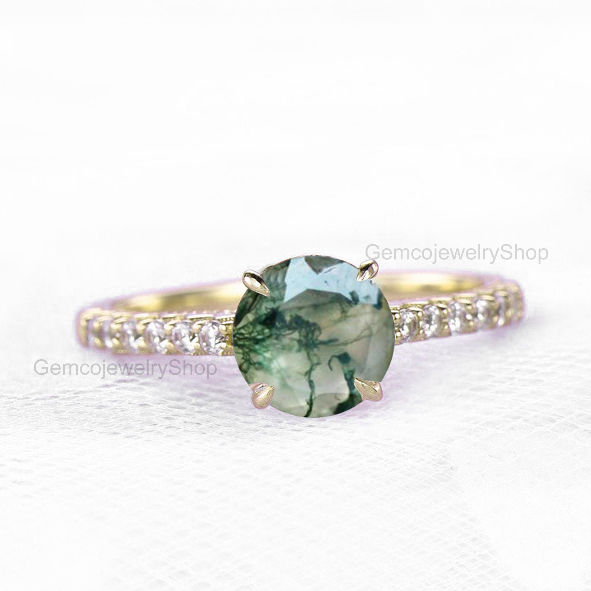 14k Solid Yellow Gold Natural Moss Agate Engagement Ring For | Etsy