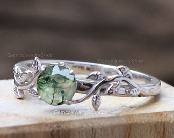Best Selling Natural Moss Agate Wedding Ring For Women, Alternative Engagement Ring, Nature Inspired Leaf Ring, Healing Gemstone Ring