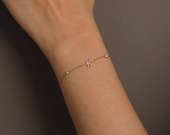 Precious Diamond Initial Bracelet with Two Side Diamonds, 14k Solid Rose Gold Personalized Diamond Bracelet, Diamonds Name Bracelet Gift