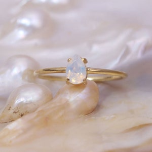 Pear Cut Moonstone Solitaire Ring, 14k Solid Gold Natural Rainbow Moonstone Teardrop Shape Engagement Ring, June Birthstone Handmade Jewelry