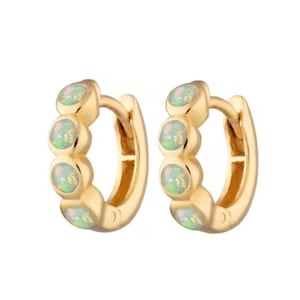 Ethiopian Opal Hoops Huggies Earring, Minimalist Solid 14k Gold Bezel Sleeper Gold Dainty Hoops Earring Handmade Jewelry Mini Hoops Earring