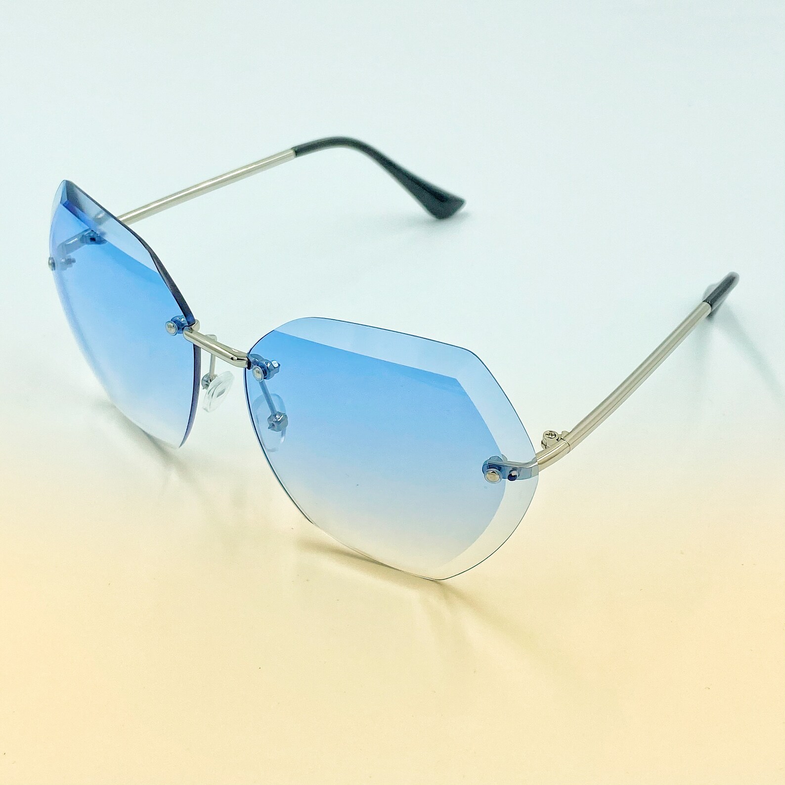Retro frameless hexagonal sunglasses with layered blue lenses | Etsy