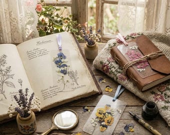 May include: Three rectangular clear bookmarks featuring pressed flowers, including blue, yellow, and pink petals. Each bookmark has a small ribbon loop at the top. The bookmarks are displayed alongside an open herbarium book, a hand mirror, and a pen.