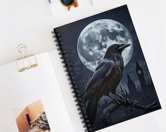 Cahier à spirales corbeau gothique et pleine lune : journal ligné