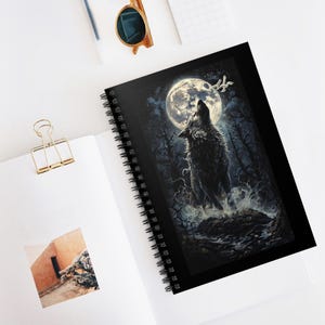 Wolf Full Moon Spiral Notebook - Ruled Line, Dark Forest, Writer Journal, Mythical, Goth Design, Spirit Animal, Woodland Creatures, Diary.