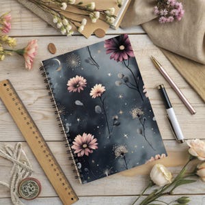Floral Botanical Spiral Notebook - vintage aesthetic, gothic, cottagecore journal, dark academia, crescent moon, stars, daily diary.