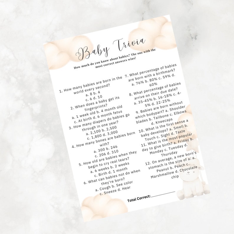 Adorable Baby Shower Game Baby Trivia - Instant Download Printable ...