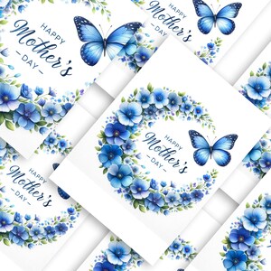 Modèle de carte imprimable pour la fête des mères, joyeuse fête des mères, fleur bleue et papillon - Imprimable à téléchargement immédiat | Non modifiable
