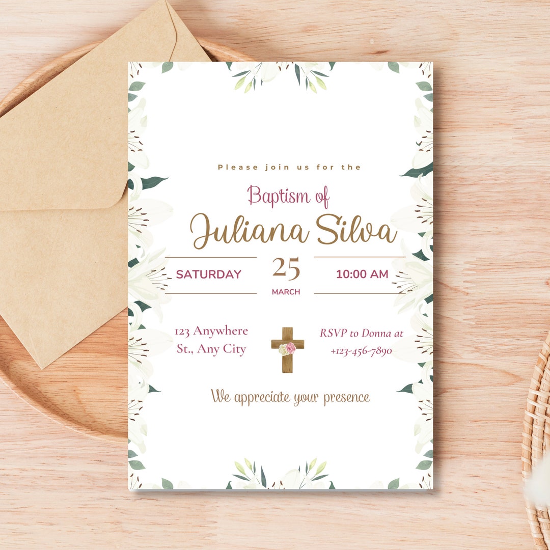 Editable Calla Lilly Design Invitation Template personalized Baby Christening Template for ...