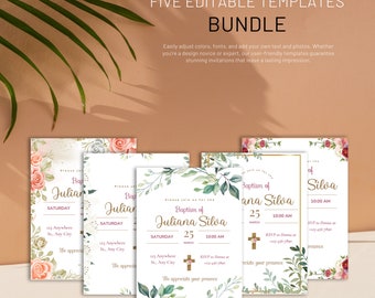 Baptism Invitation Bundle Templates, Christening Invitation Bundle, Greenery and Floral  for Boy or Girl, Editable First Communion