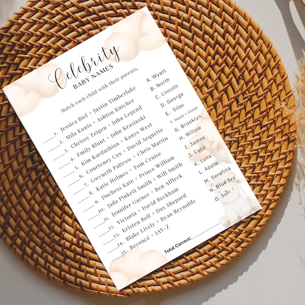 Adorable Baby Shower Game Celebrity Baby Names - Instant Download Printable | Non-Editable