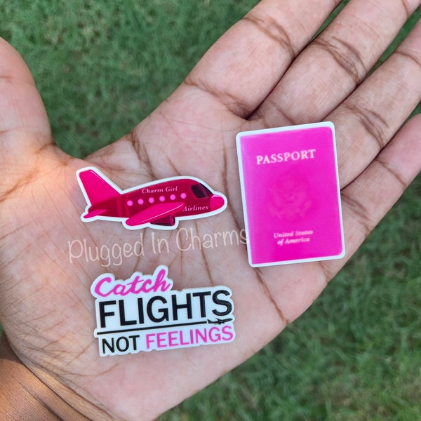 3pc Travel Planar Charm Set, Flatback Resin Charm, Passport Plane Airport Pink Charm Bracelet, Vacation, DIY