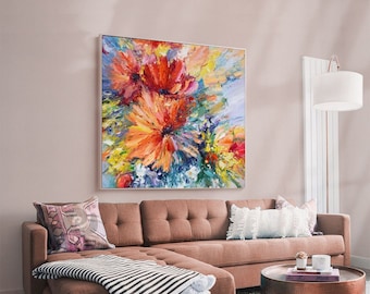 Impressionist Flower Oil Painting on Canvas, Large Colorful flowers Canvas Wall Art, Modern Textured Floral Painting for Living Room Bedroom