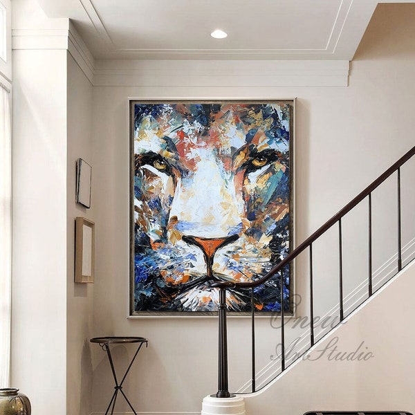 Original Lion Oil Painting on Canvas, Large Abstract Animal Canvas Wall Art, Modern Impressionist Lion Artwork for Living Room,Bedroom Decor